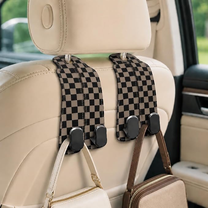 Cute Checkered Car Seat Back Storage Headrest Hooks for Purses & Bags – 2PCS PU Leather Dual Metal Hooks, Backseat Organizer Accessories