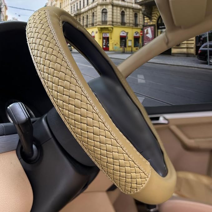 car Steering Wheel Cover Faux Leather Massage Universal fit 3D Honeycomb Hole Anti-Slip Sporty 15 Inches (Tan Tan)