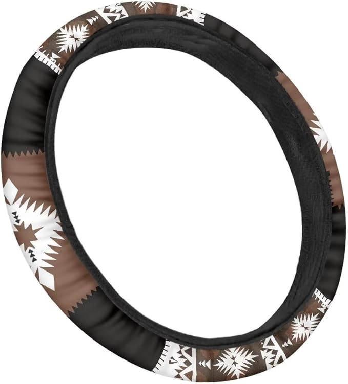 Southwest Aztec Brown Black Car Steering Wheel Cover 15 Inch Universal Breathable Soft Anti-Slip Sweat Absorbent Car Accessory Fit for Most Vehicles