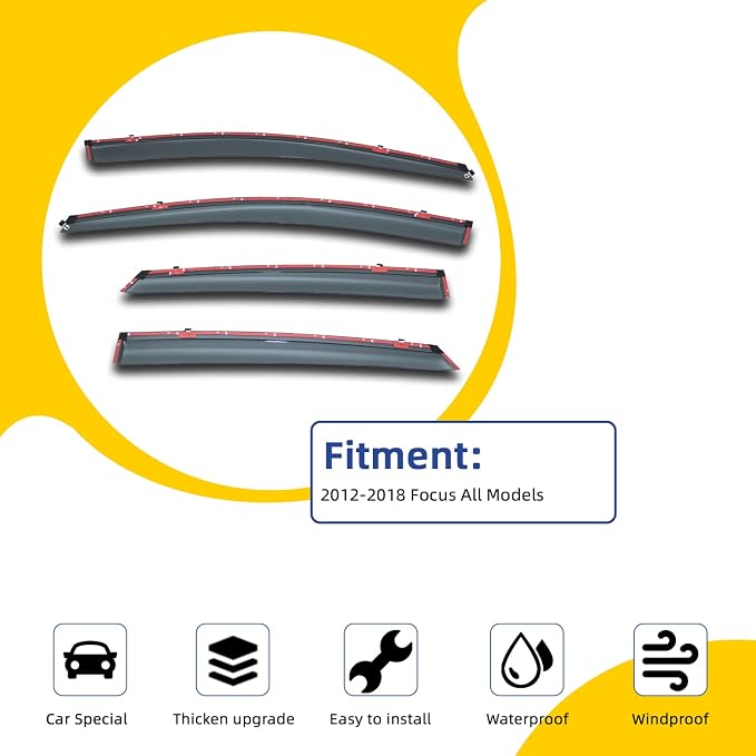 4pcs Smoke Tint with Chrome Trim Window Visors Compatible with 2012-2018 Focus Outside Mount Tape On/Clip On Style PVC Sun Rain Guard 2013 2014 2015 2016 2017