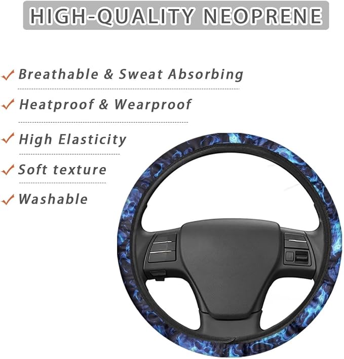 Skull Blue Flame Automotive Steering Wheel Covers Universal Fit 14 to 15 inch Steering Wheel Covers with Cloth for Women Keep Warm Comfort Grip Sweat Absorption Neoprene