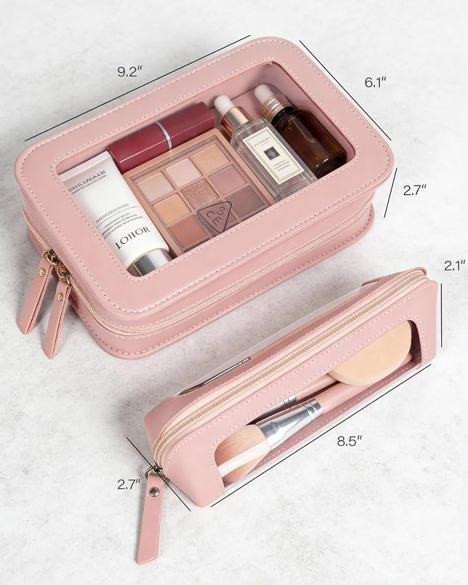 2Pack Clear Makeup Bags Set, Clear Travel Makeup Brush Holder, Portable Leather Travel Toiletry Bag Pink Car Accessories for Women
