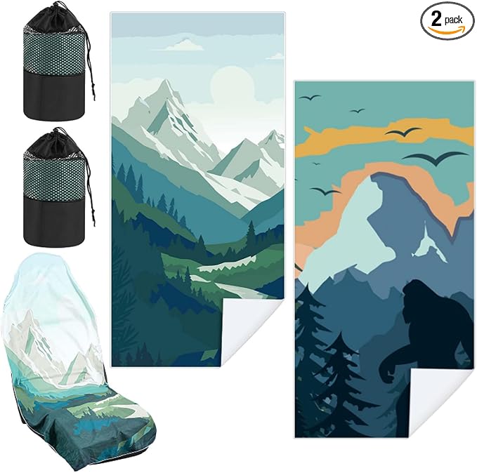 Car Seat Towel Covers with Storage Bag, 63 x 32 Inch Universal Non Slip Waterproof Sweat Protector for Car Truck, Gym Swimming Running, Machine Washable(2 Pack,Yosemite,Sasquatch)