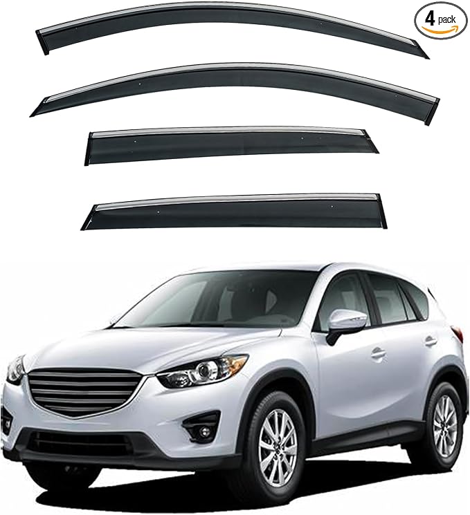 4pcs Smoke Tint with Chrome Trim Outside Mount Tape On/Clip On Style PVC Sun Rain Guard Vent Window Visors Compatible with 13-16 CX-5