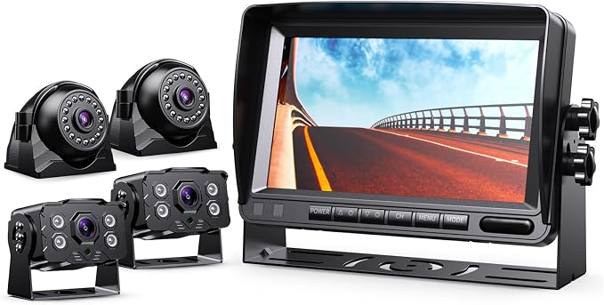 HD 1080p Backup Camera System Kit, 7-inch Reversing Monitor with Quad Split Recording IP69 Waterproof, Rear View Side View Cameras, Backup Camera for RV Truck/Trailer/Tractor/Box/Camper Y0202