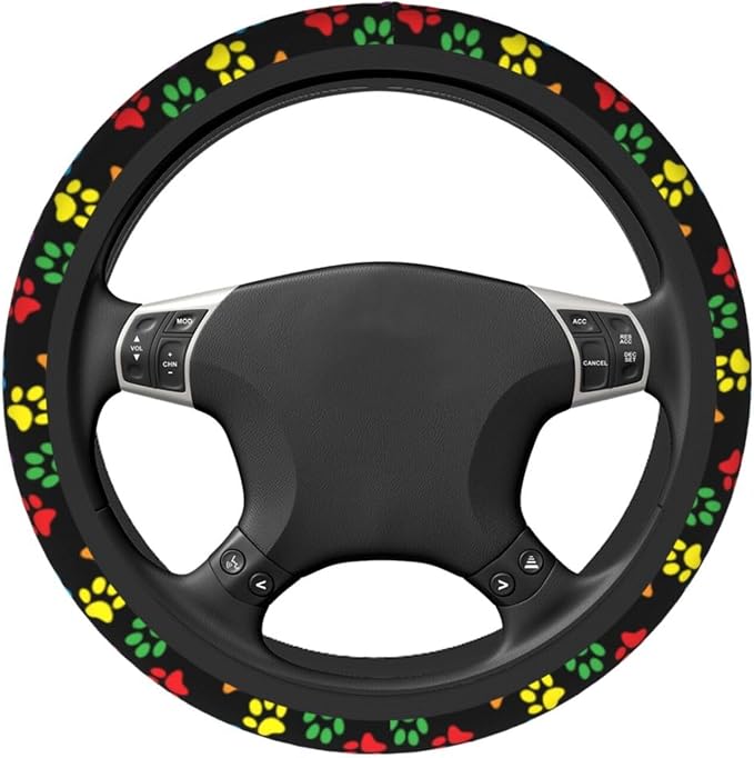 Paw Print Steering Wheel Cover Anti-Slip and Practical 14.5-15 Inch Universal Car Steering Wheel Cover with 2 Pieces Car Coasters Suitable for Men Women