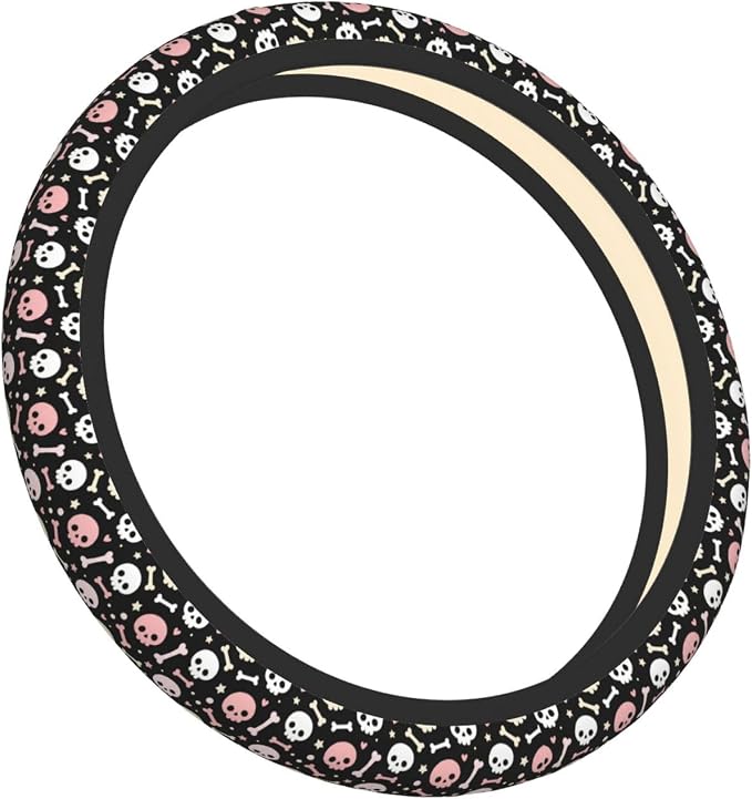 Universal 15 Inch Steering Wheel Cover, Pink & White Skull Pattern Non-Slip Neoprene Auto Car Wrap, Breathable & Durable Interior Protector for Most Vehicles, Cars, SUVs, and Trucks
