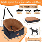 Dog Car Seat for Small & Medium Dogs, Detachable & Washable Booster Seat for Pets Up to 30lbs, Travel Bed with Storage Pockets and Safety Belt – Brown&Black