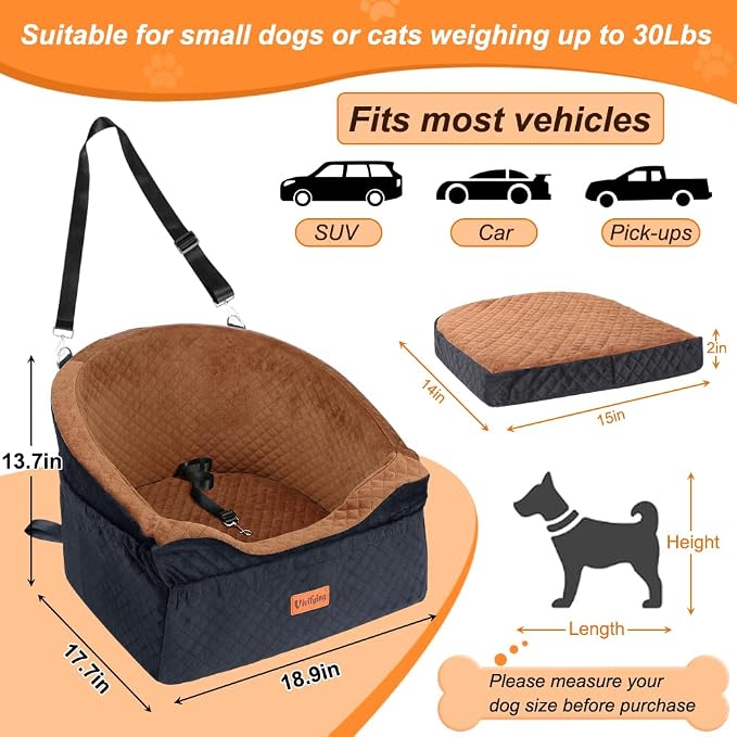 Dog Car Seat for Small & Medium Dogs, Detachable & Washable Booster Seat for Pets Up to 30lbs, Travel Bed with Storage Pockets and Safety Belt – Brown&Black