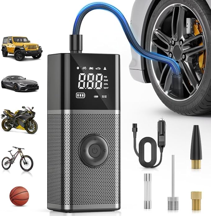 Tire Inflator Portable Air Compressor Rechargeable 12VDC 150PSI Cordless Battery Cigarette Powered 2X Faster Inflation Pump w/Digital Pressure Gauge for Car Motorcycle Bike