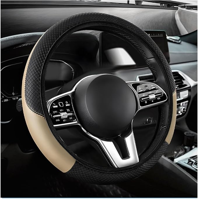 Car Steering Wheel Cover, 15 Inch Anti-Slip Stretch Leather Steering Wheel Protector, Comfortable Breathable Sporty Steering Wheel Cover for Women Men, Car Accessories (Beige, AD)