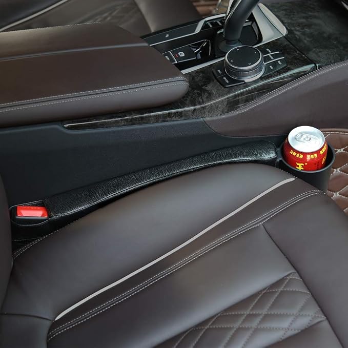 2 Prices Car Seat Gap Filler Pad PU Leather Console Side Pocket Organizer and one Cup for Cellphone Wallet Coin Key (Black)