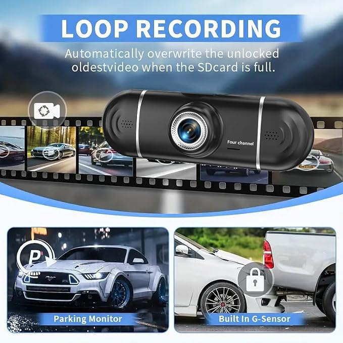4 Channel Dash Cam Front and Rear Left Right, 360° View 1080P Car Dash Camera, Super Night Vision, G-Sensor,170° Wide Angle, Loop Recording, 24H Parking Monitor, WiFi & APP Control, 64GB SD Card