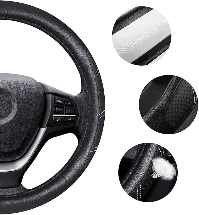 Leather Steering Wheel Cover 15 1/2 to 16 inch Universal Large Soft Grip Breathable for Car Truck SUV Jeep Anti Slip Black