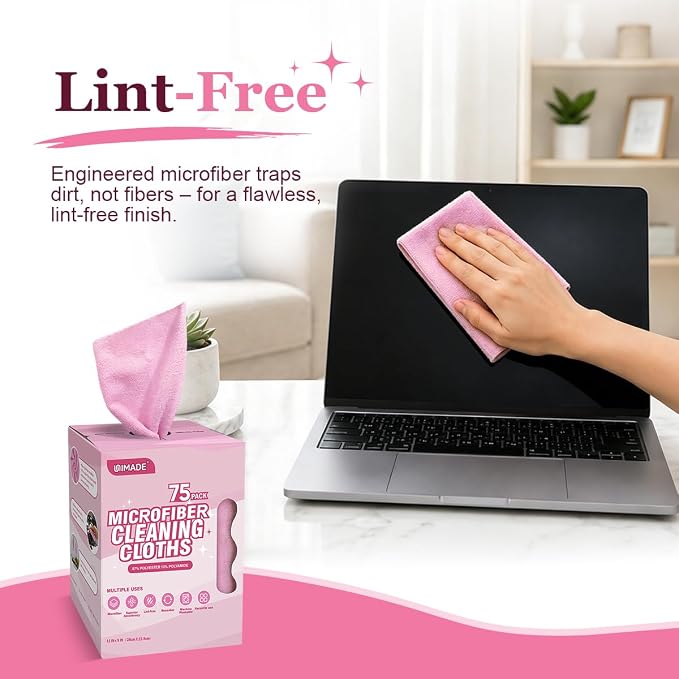 Microfiber Cleaning Cloth, 75 Sheets Microfiber Towels for Cars Commercial Grade Washcloths Lint-Free Bulk Shop Towel Cleaning Rags for Household Restaurant Garage Housekeeping, 11"x 9", Pink