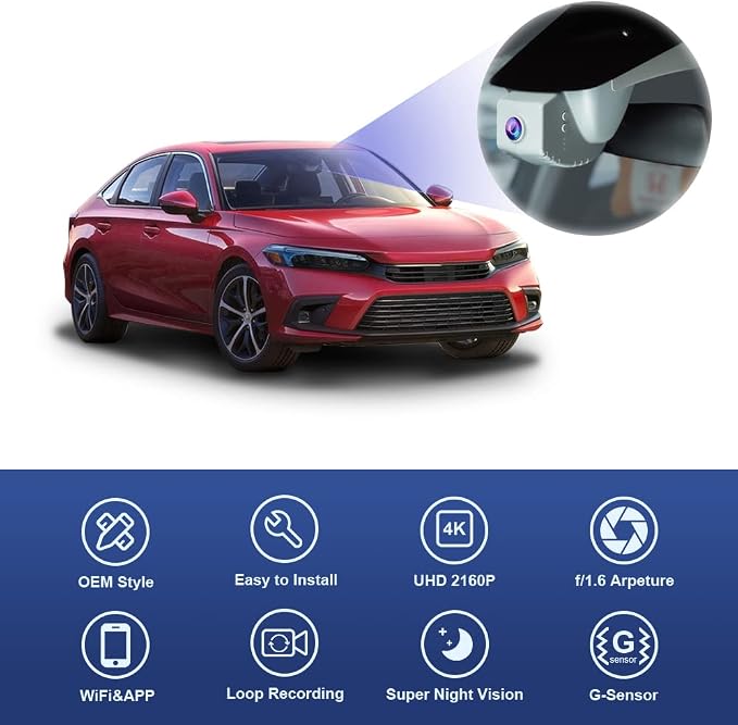 4K Dash Cam Suitable for Honda Civic 2022-2026 & Type R Si (Black Cover), OEM Factory Look, UHD 2160P Video, Built-in WiFi & APP, Loop Recording, Gravity Sensor, Easy to Install, 64GB Card
