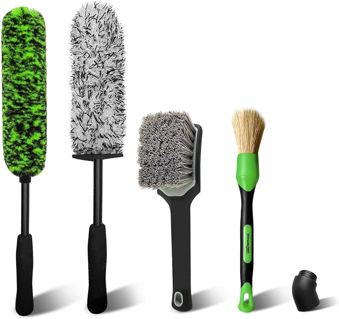 4PCS Car Wheel Cleaning Kit, 360° Bendable Wheel Brush with Premium Boar Hair Detailing Brush | Microfiber Scratch-Free Wheel and Tire Brush Kit for Cleaning Wheels,Tires