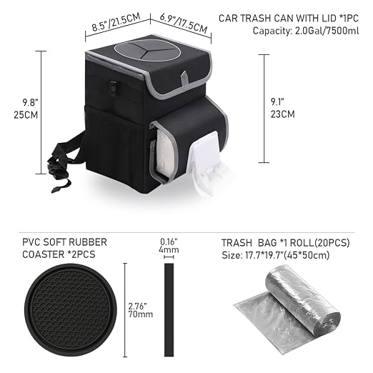Car Trash Can with Lid,Bag Hanging Storage Pockets,Adjustable Tissue Holder & Straps,Portable Waterproof Garbage Bin, 1.98 Gal Large Capacity Multipurpose Bin