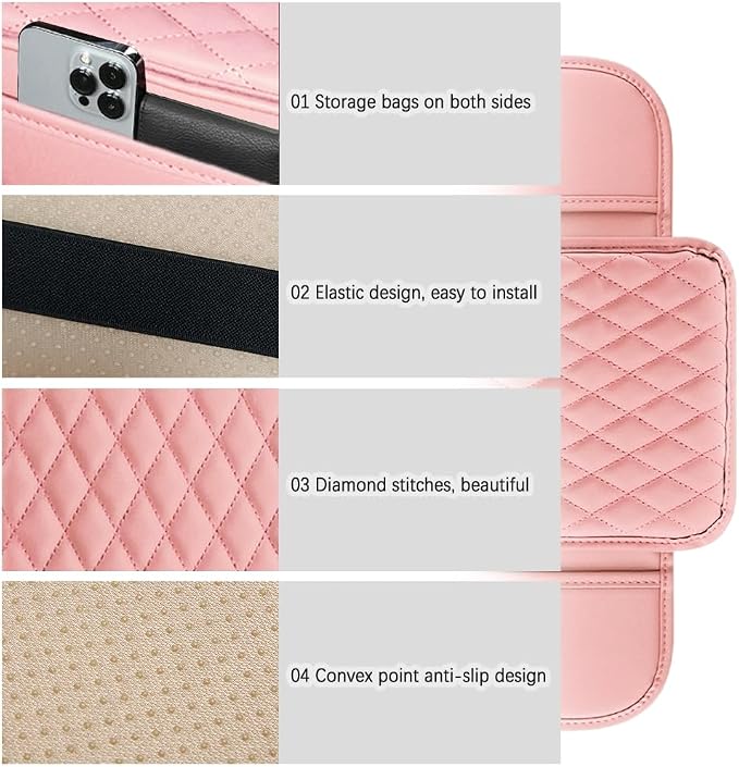carleef Arm Rest Cover for Car,Leather+Memory Foam Center Console Cover with Storage Bags,Universal Middle Console Cover Car Accessories Interior for Most Cars Center Consoles (Pink)