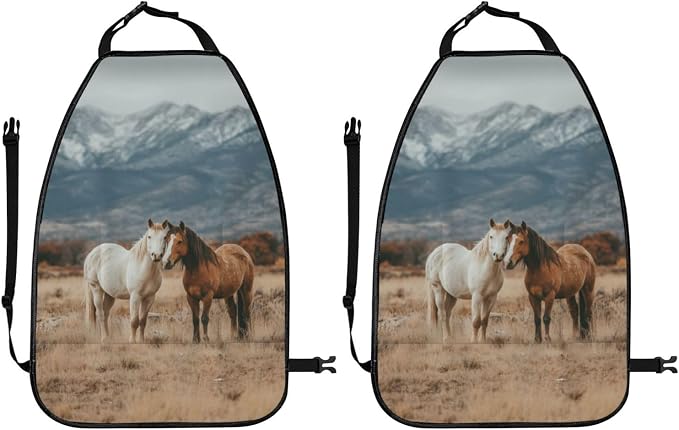 Two Horses Standing On The Grass Car Seat Back Kick Protectors,2 Pack Kick Mats With Storage Pockets For Vehicles To Protect From Dirt Mud Scratches