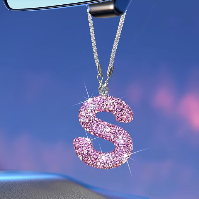 Bling Pink Car Accessories for Women Letter Charm, Rainbow Color Rear View Mirror Cute Crystal Pendant Car Decorations, Lucky Gifts Girly Diamond Rhinestone Charm Interior S
