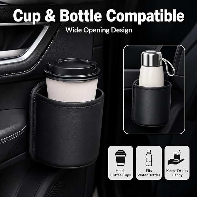 2 Pack Extra Cup Holder for Car, Clip-On Car Door Cup Holder Organizer, PU Leather Car Drink Holder for Small Bottle Coffee Cup Phone Keys Cards, Automotive Seat Pocket Storage, Black