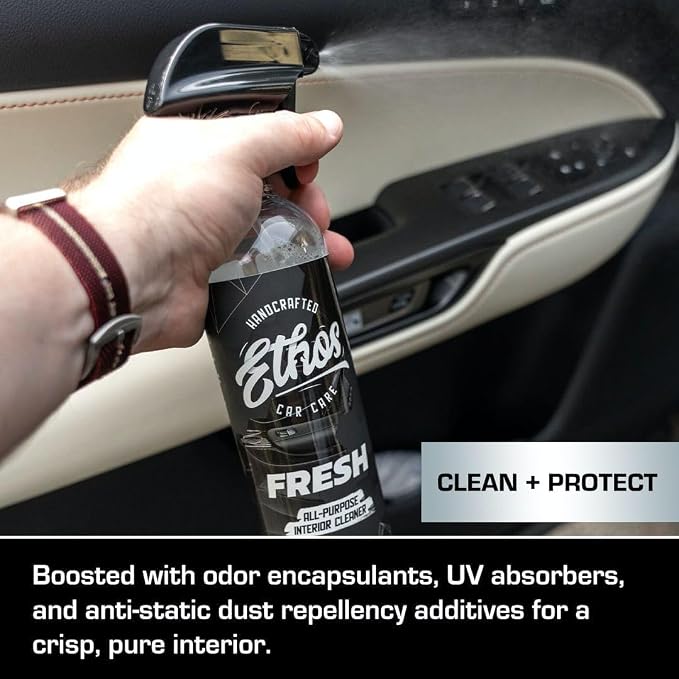 Ethos FRESH - All Purpose Interior Cleaner Car Detailing Kit, Detailing Spray - Car Interior Detailing - Interior Cleaner for Cars, Trucks, SUVs, Jeeps, Motorcycles, RVs & More (16oz FRESH & Scrubber)