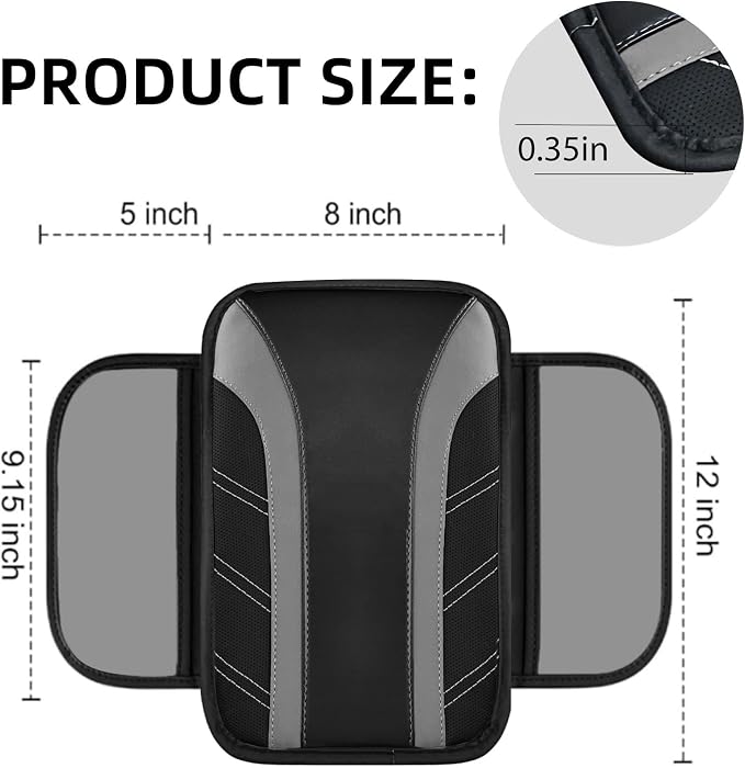 6 Pcs Grey Car Accessories Set, Sport Leather Steering Wheel Cover 14.5-15inch Universal, Microfiber Leather Car Center Console Cover, Seat Belt Cushion, Cup Holder Coaster (Black-Grey)