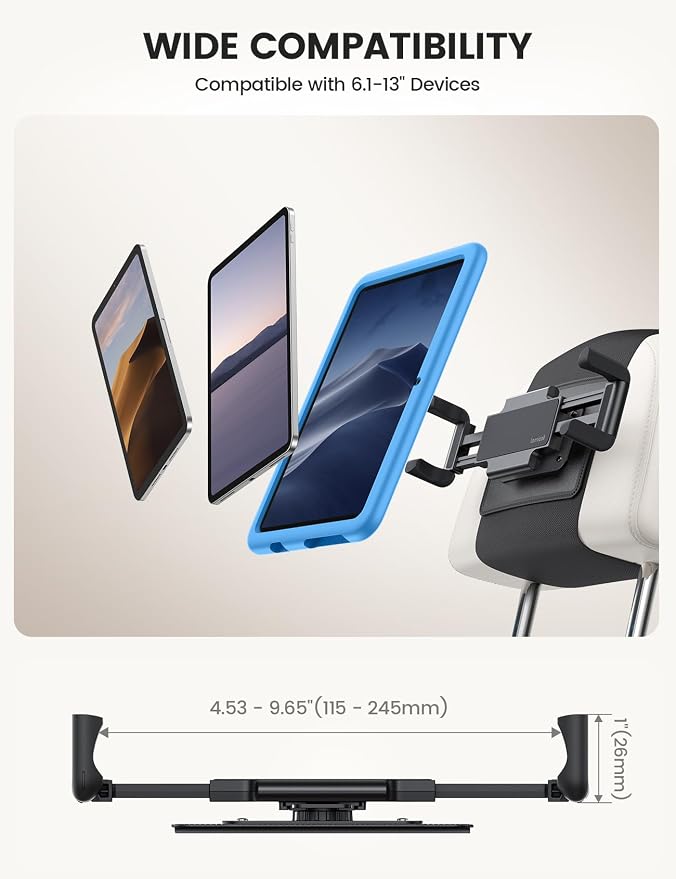 Tablet Holder for Car Headrest - [Thick Case Friendly] [360° Rotation] Car Tablet Mount for Backseat, Road Trip Essentials for Kids, for iPad Pro, Air, Mini, Galaxy, Fire HD, 6.1-13" Tablets
