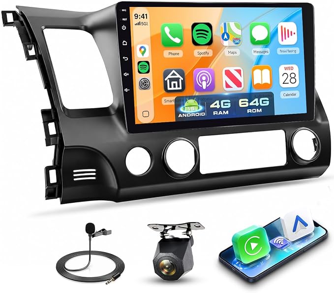 4+64G Car Sereo for Honda Civic 2006 2007 2008 2009 2010 2011 | Android 15.0 Car Radio with Wireless Carplay Android Auto 10.1 Inch Touch Screen Bluetooth 5G WiFi GPS SWC Backup Camera