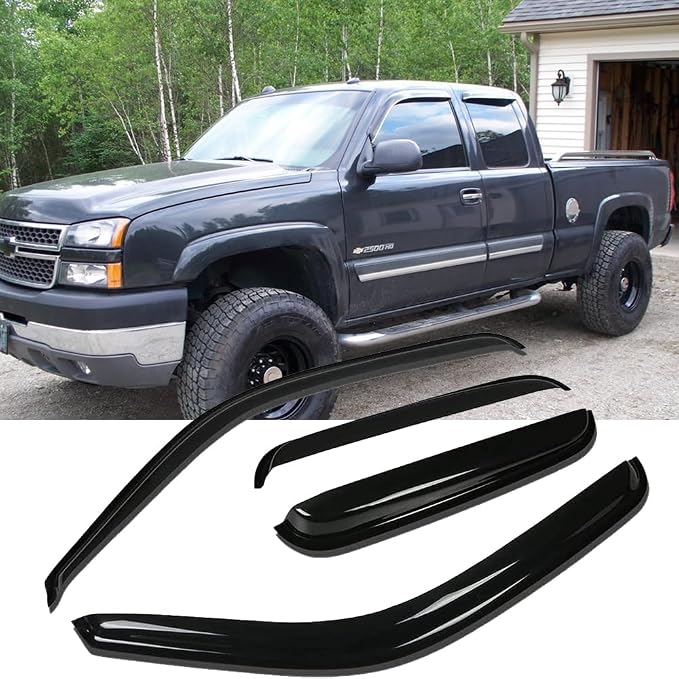 Side Window Wind Deflector fit for 1999-2006 Chevy Silverado & GMC Sierra 1500/2500/3500/2500HD and 2007 HD Classic Models, 4pc Out-Channel Tape-On Rain Guards, Dark Smoe Window Visor 94044