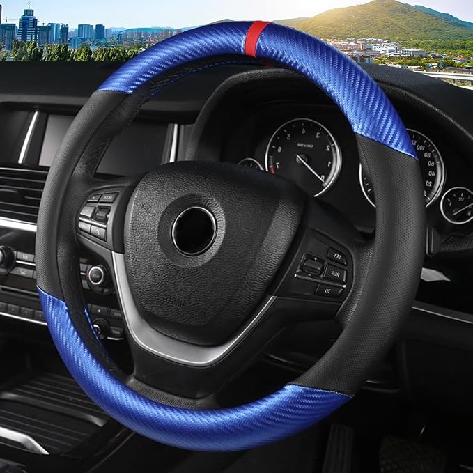 Carbon Fiber Steering Wheel Cover, Universal 15 Inch for Men Women, Breathable Microfiber Leather, Anti-Slip Inner Lining, Sporty Design, Cool in Summer Warm in Winter (Carbon Fiber Blue)