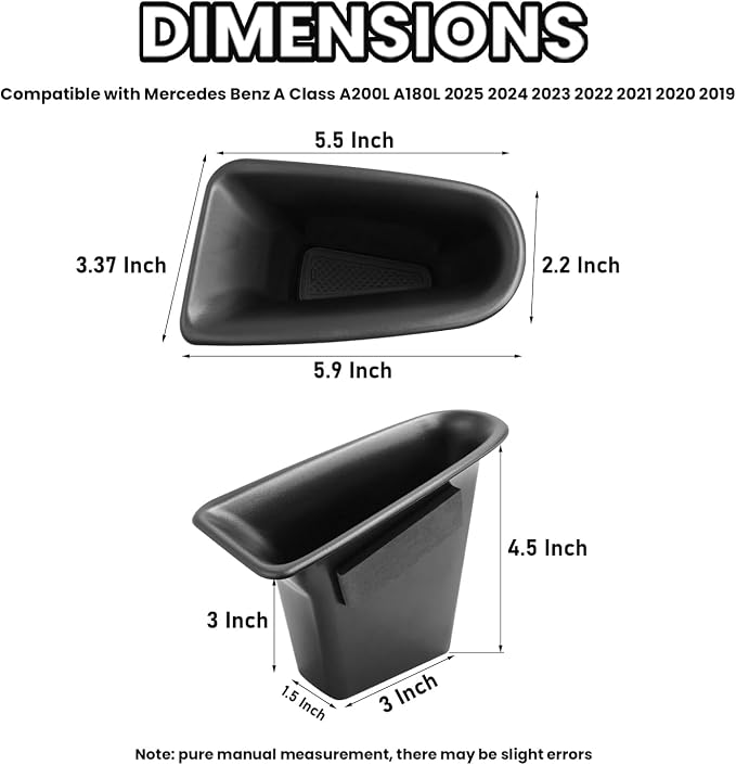 Door Handle Storage Box for Mercedes A-Class CLA A180L A200L | Pocket Organizer for A180L A200L 2019-2026 and CLA 2021-2025 Front/Rear Doors; ABS plastic, anti-slip pad, 2pcs set