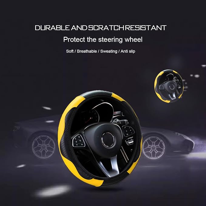 Ultra Fine Carbon Fiber Leather Steering Wheel Cover, Anti Slip and Sun Protective Protect The Steering Wheel, Easy to Install,Universal of 14.5"-15" (Yellow)