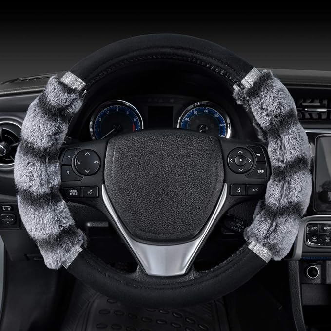 Bear Fur Plush Steering Wheel Cover - Cute Faux Wool Protector for Women Girls Fits Wheels 14.5-15 inch Two Tone Black/Gray - with Glitter