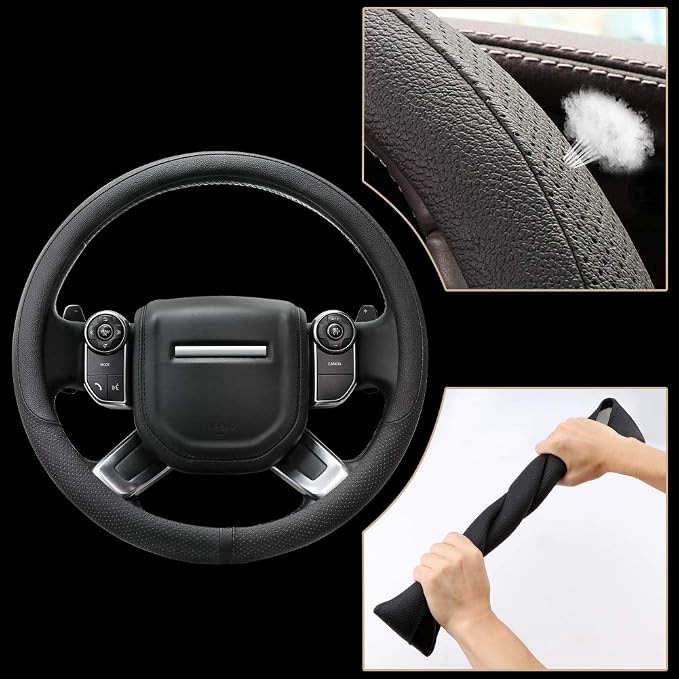 Breathable Car Steering Wheel Cover 16 inch Auto Universal Leather Wrap Non-Slip Steeringwheel Protector Automotive Interior Accessories, Black (Suit for 15 1/2-16 inch)