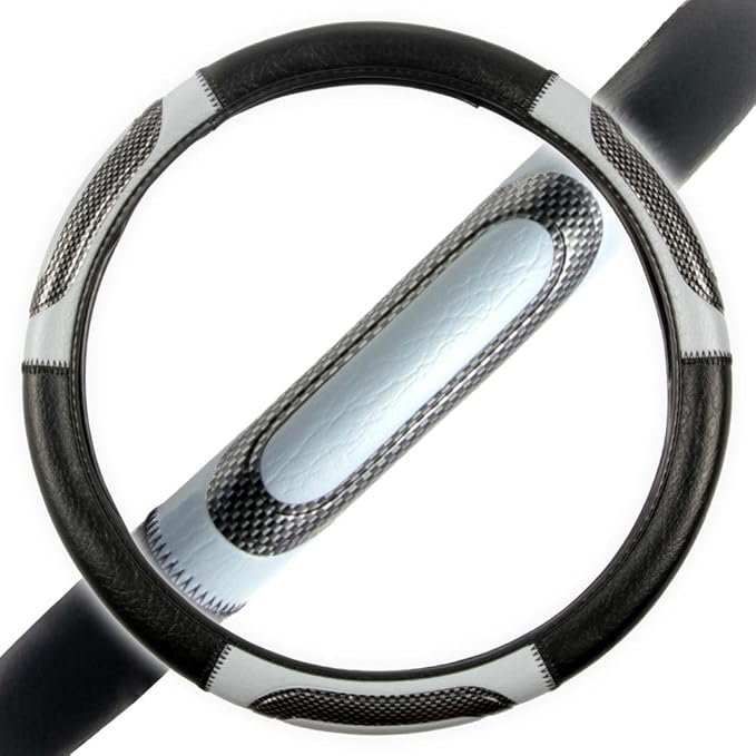 Sporty Two Tone Ergonomic Grip Steering Wheel Cover - Carbon Fiber Grip for Standard Size Wheels 14.5-15 inch Gray/Black