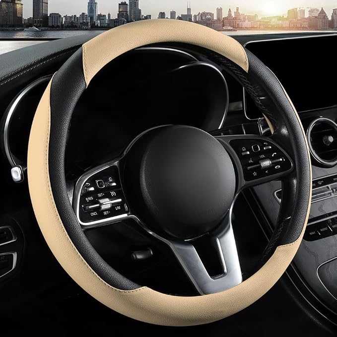 Car Steering Wheel Cover, Microfiber Leather Steering Wheel Cover Universal Fit 14.5-15 inch Anti-Slip Comfortable Breathable Car Wheel Protector for Men Women,Beige
