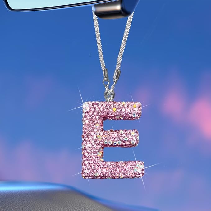 Bling Pink Car Accessories for Women Letter Charm, Rainbow Color Rear View Mirror Cute Crystal Pendant Car Decorations, Lucky Gifts Diamond Rhinestone Charm Letter E