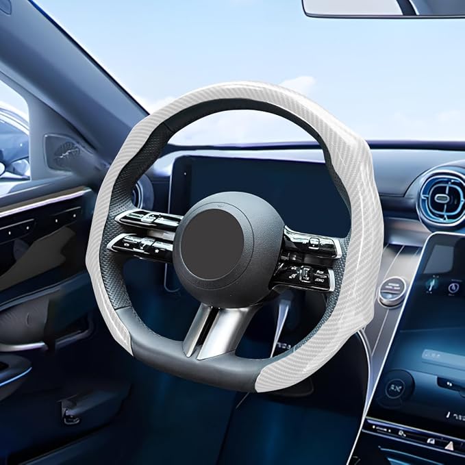 Car Steering Wheel Cover with Comfort Grip, 14.5-15" Carbon Fiber Laser Non-Slip Steering Wheel Protector, Cool Stylish Auto Interior Decor Accessories, Universal for Van SUV Sedan (White)