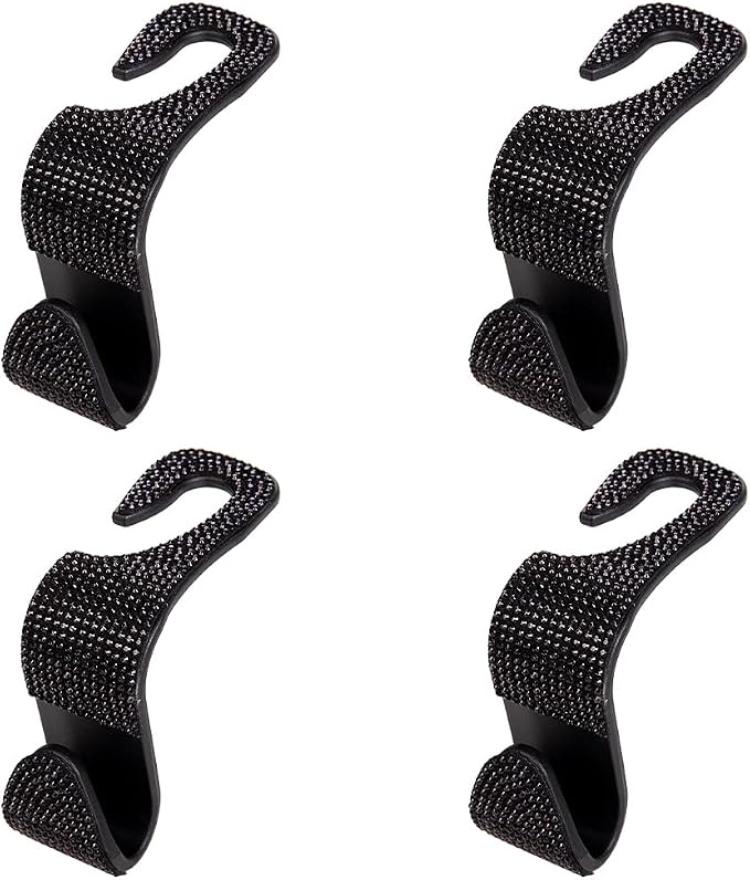 4PCS Bling Car Seat Headrest Hook, Crystal Rhinestone Backseat Hanger Organizer for Purse Handbag Umbrella, Shiny Auto Interior Seat Back Storage Holder Hook, Universal Fit (Black)