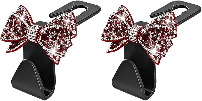Zpana Bling Car Headreat Hook, 2PCS Crystal Rhinestone Cute Bow Vehicle Seat Back Hanger Storage for Purses Bags Grocery, Diamond Auto Rear Seat Organizer, Universal for SUV Truck Sedan (Red)