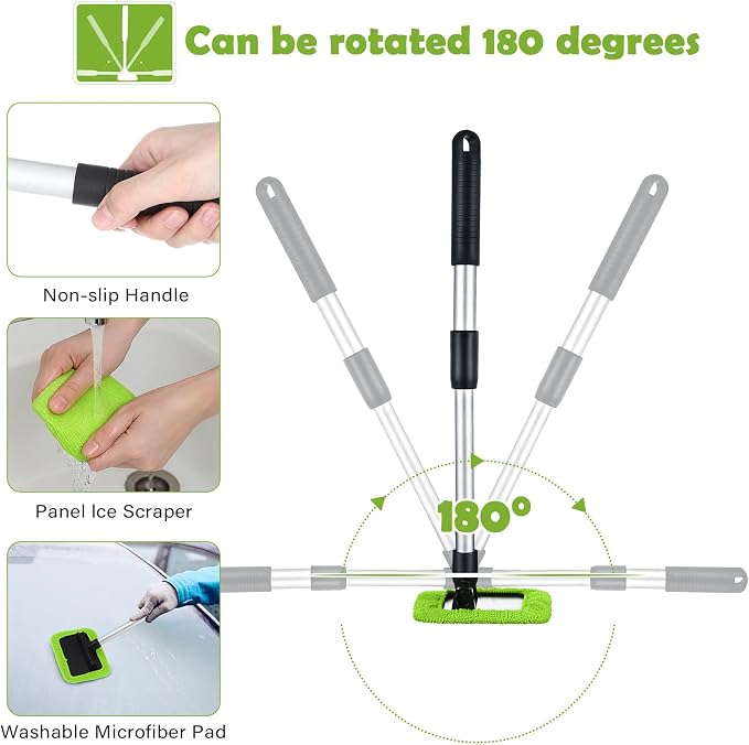 3 Set Windshield Cleaner Tool Inside Car Window Cleaner Tool with 3 Extendable Handle 9 Reusable Microfiber Pads and 3 Spray Bottles for Auto Home Interior Exterior Glass Cleaning(Green)