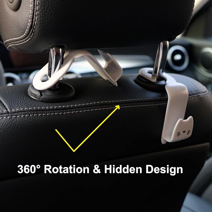 Light Grey Cute Cat Car Seat Headrest Hooks, 2 Pack 360 Rotation Universal Car Purse Hook with Phone Holder, 44LBS Heavy Duty Vehicle Hanger for Bags Coats Groceries