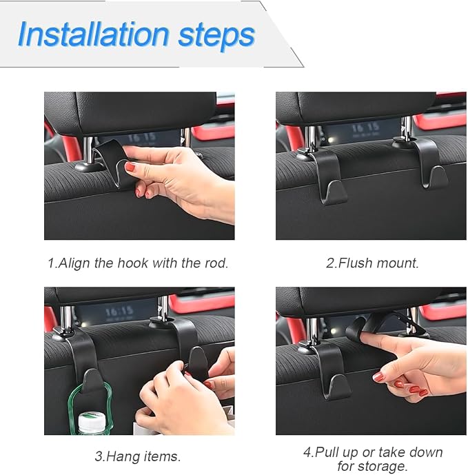 Car Seat Headrest Hook, 4 Pack Auto Seat Hanger Storage Organizer for Purse Handbag Coats Grocery Bags, Car Interior Accessories, Universal Vehicle Backseat Plastic Hanging Hook (Red)
