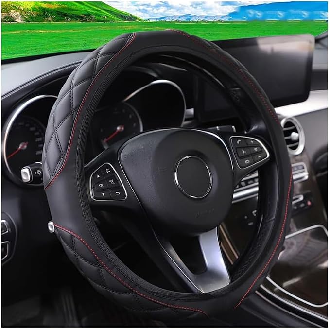 15 Inch Car Leather Steering Wheel Cover, Automotive Accessories Elastic Breathable Anti-Slip Soft Wheel Protector Fits Men and Women, Suitable for SUVs, Trucks, Vehicles and RVs (Black-1)
