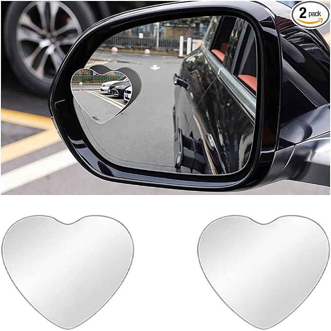 2PCS Car Blind Spot Mirror, Heart-Shaped Wide Angle HD Glass Convex Frameless Side Blindspot Mirror with Adjustable Stick, Auto Exterior Rear View for Wide Angle, Universal Fit