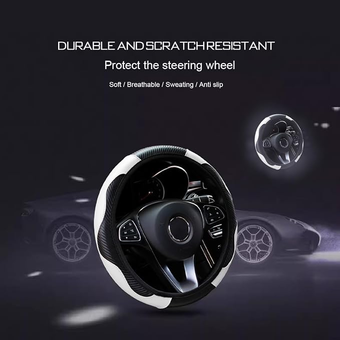Ultra Fine Carbon Fiber Leather Steering Wheel Cover, Anti Slip and Sun Protective Protect The Steering Wheel, Easy to Install,Universal of 14.5"-15" (White)