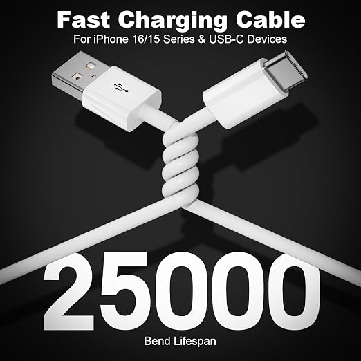 2Pack USB A to USB C Cable for iPhone 15/16/17 All Series, Type-C Car Charger 3A Fast Charging & 480Mbps Speed for iPad, Samsung Galaxy, Tablets, Laptops (White-3FT)
