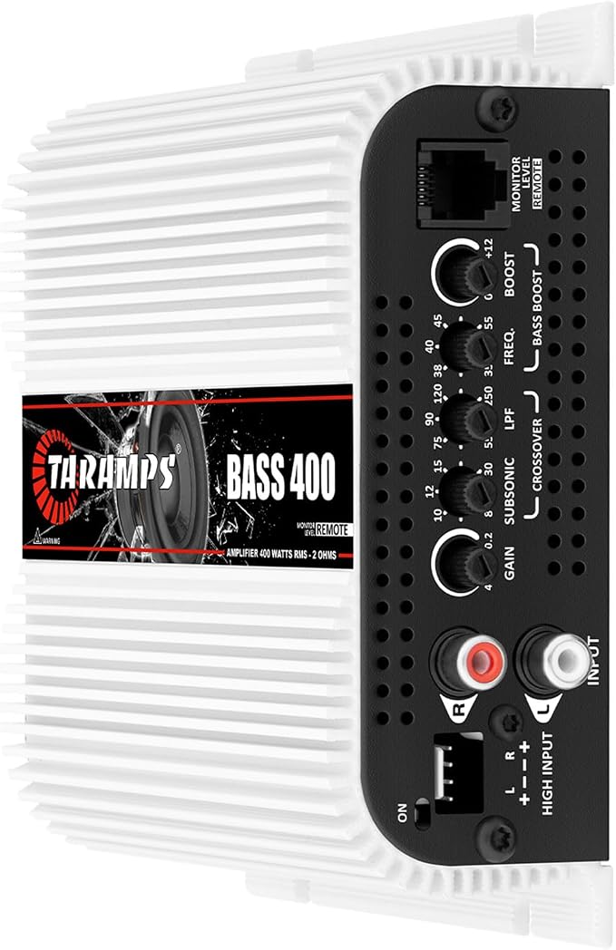 Bass 400 2 Ohms Monoblock Amplifier 400 Watts Rms 1 Channel 14.4VDC Out Power Full Range, Great for Sub/Bass - Rca/High Level Input, Car Audio